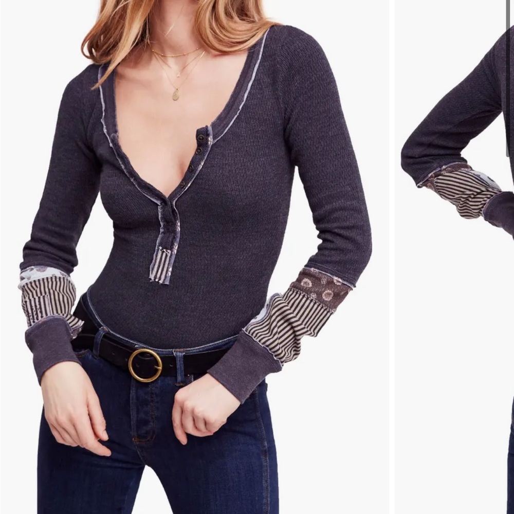 Free People We The Free Railroad Long Sleeve Thermal Patchwork Henley Sz L